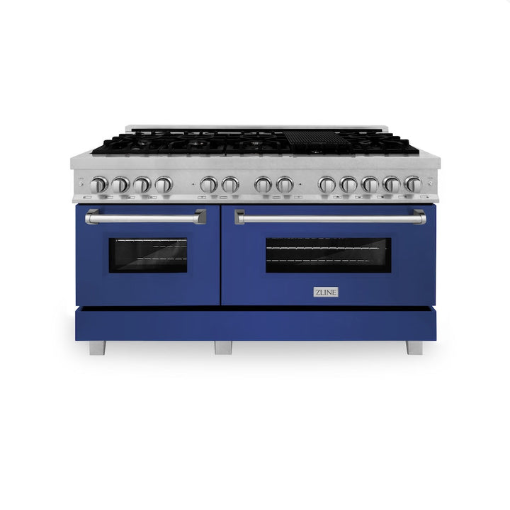 ZLINE 60 in. 7.4 cu. ft. Legacy Dual Fuel Range with 9 Burner Gas Cooktop and 2 Electric Convection Ovens in Satin Stainless Steel and Blue Matte Doors (RAS-BM-60)
