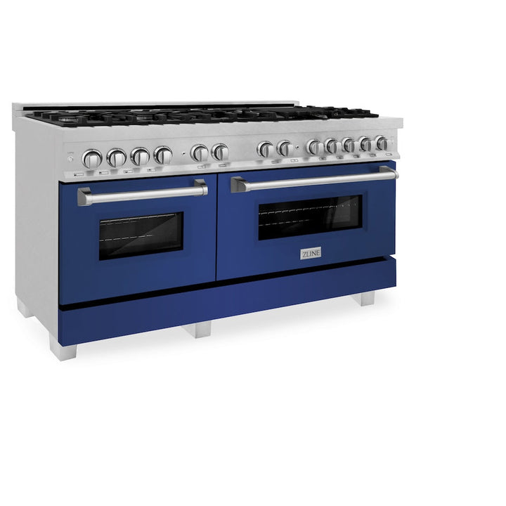 ZLINE 60 in. 7.4 cu. ft. Legacy Dual Fuel Range with 9 Burner Gas Cooktop and 2 Electric Convection Ovens in Satin Stainless Steel and Blue Matte Doors (RAS-BM-60)