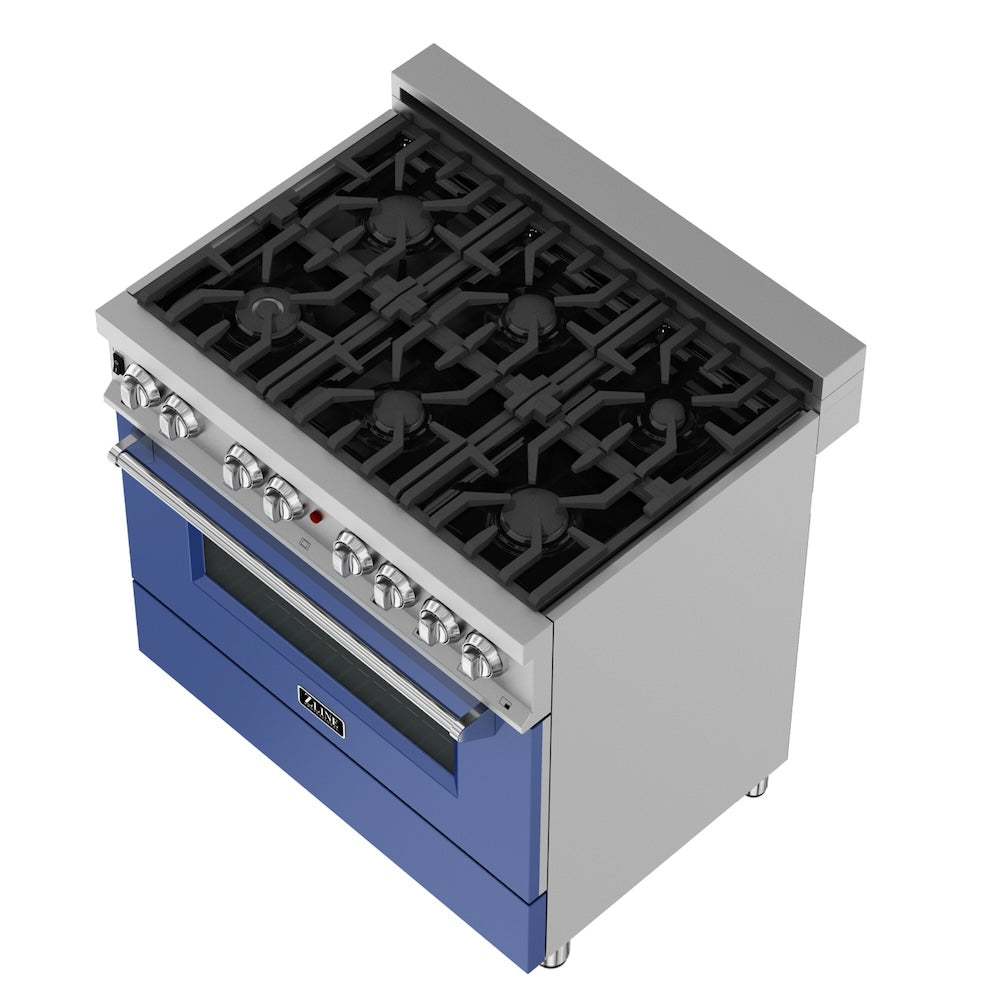 ZLINE 36 in. 4.6 cu. ft. Legacy Dual Fuel Range with 6 Burner Gas Cooktop and Electric Convection Oven in Satin Stainless Steel and Blue Matte Door (RAS-BM-36)