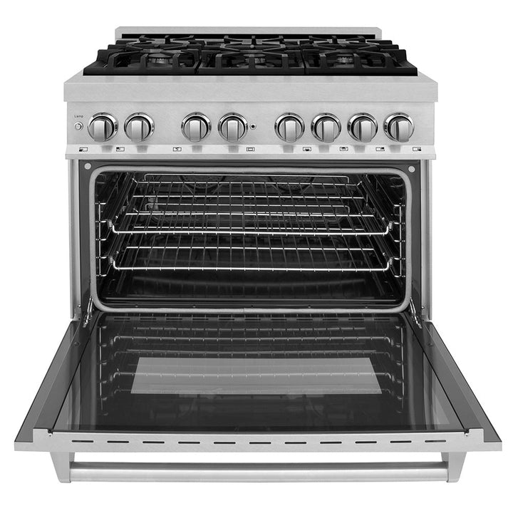 ZLINE 36 in. 4.6 cu. ft. Legacy Dual Fuel Range with 6 Burner Gas Cooktop and Electric Convection Oven in Satin Stainless Steel, Open Box-Excellent Condition