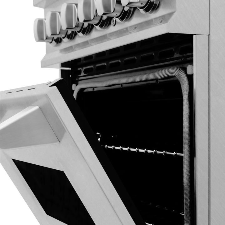 ZLINE 24 in. 2.8 cu. ft. Legacy Dual Fuel Range with 4 Burner Gas Cooktop and Electric Convection Oven in Satin Stainless Steel, Open Box-Excellent Condition