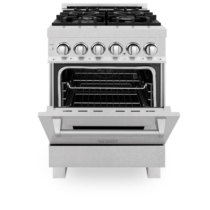 ZLINE 24 in. 2.8 cu. ft. Legacy Dual Fuel Range with 4 Burner Gas Cooktop and Electric Convection Oven in Satin Stainless Steel, Open Box-Excellent Condition