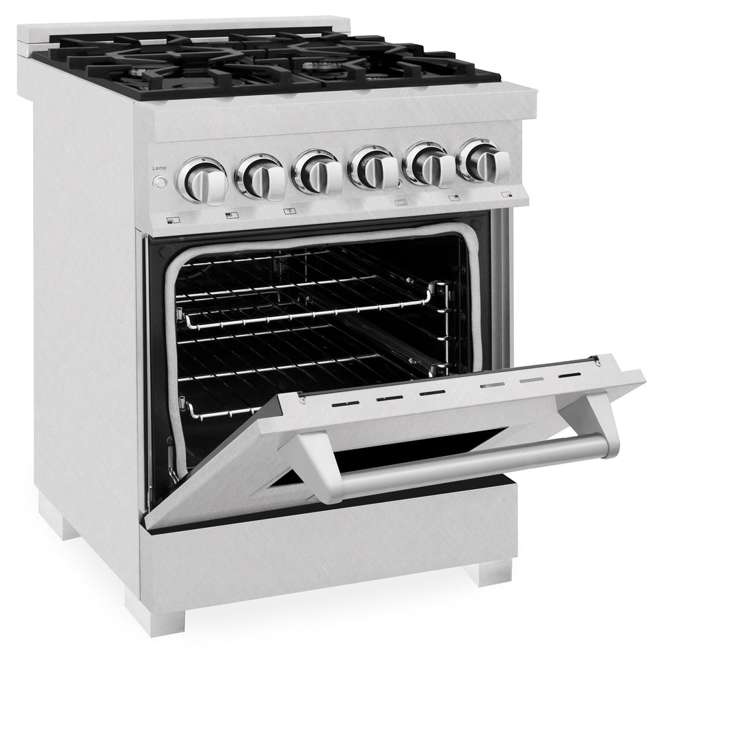 ZLINE 24 in. 2.8 cu. ft. Legacy Dual Fuel Range with 4 Burner Gas Cooktop and Electric Convection Oven in Satin Stainless Steel, Open Box-Excellent Condition