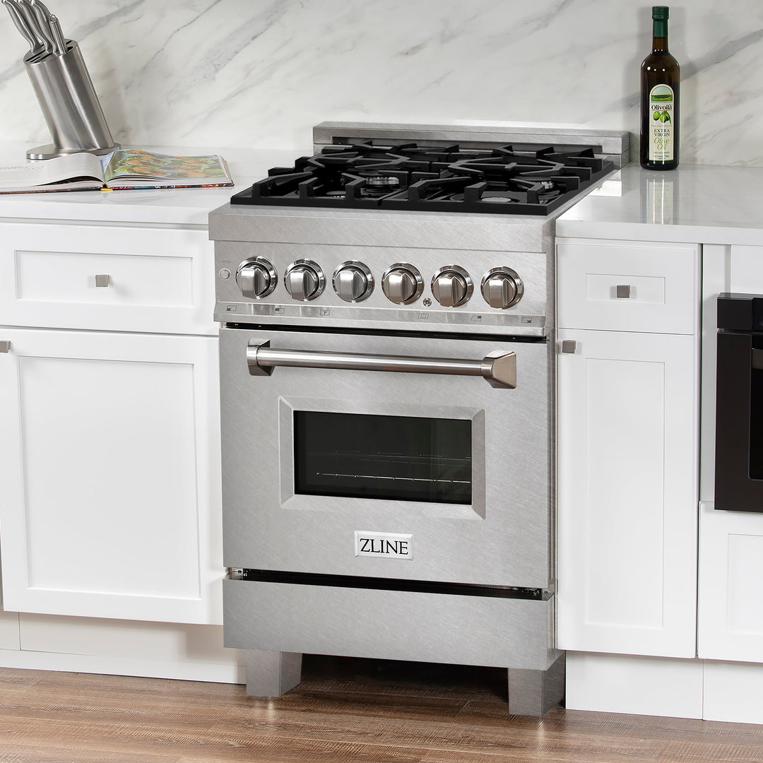 ZLINE 24 in. 2.8 cu. ft. Legacy Dual Fuel Range with 4 Burner Gas Cooktop and Electric Convection Oven in Satin Stainless Steel, Open Box-Excellent Condition