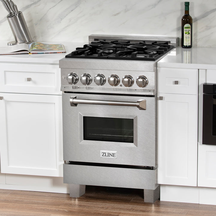 ZLINE 24 in. 2.8 cu. ft. Legacy Dual Fuel Range with 4 Burner Gas Cooktop and Electric Convection Oven in Satin Stainless Steel, Open Box-Excellent Condition