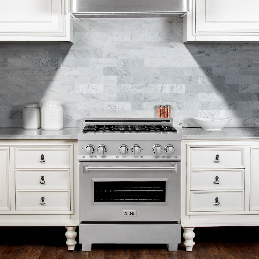 ZLINE 30 in. 4.0 cu. ft. Legacy Dual Fuel Range with 4 Burner Gas Cooktop and Electric Convection Oven in Satin Stainless Steel, Open Box-Excellent Condition