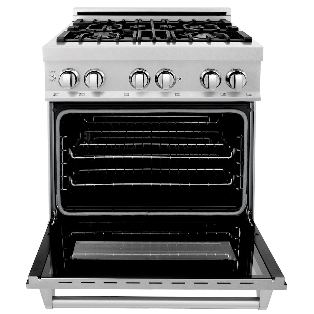 ZLINE 30 in. 4.0 cu. ft. Legacy Dual Fuel Range with 4 Burner Gas Cooktop and Electric Convection Oven in Satin Stainless Steel, Open Box-Excellent Condition