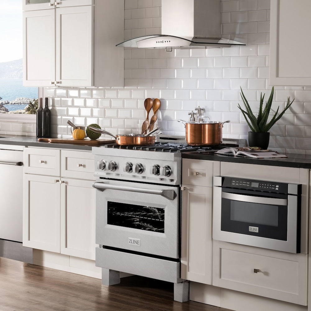 ZLINE 30 in. 4.0 cu. ft. Legacy Dual Fuel Range with 4 Burner Gas Cooktop and Electric Convection Oven in Satin Stainless Steel, Open Box-Excellent Condition
