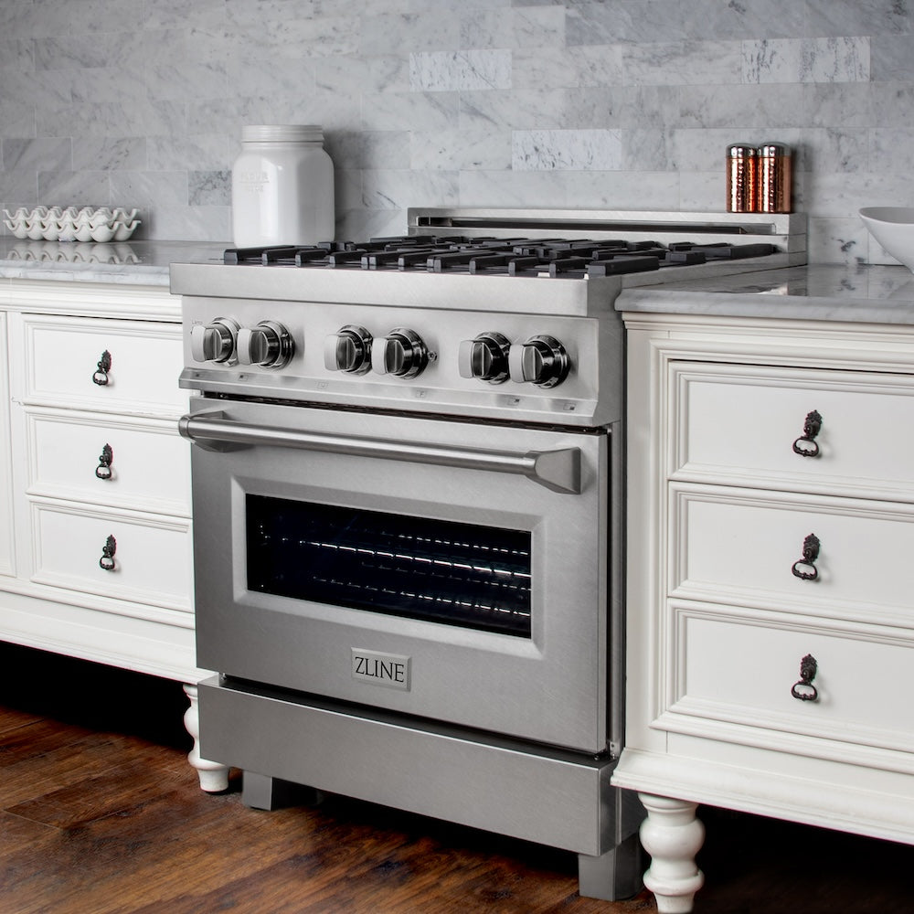 ZLINE 30 in. 4.0 cu. ft. Legacy Dual Fuel Range with 4 Burner Gas Cooktop and Electric Convection Oven in Satin Stainless Steel, Open Box-Excellent Condition