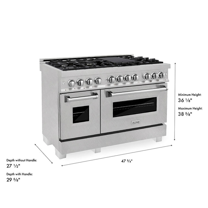 ZLINE 48 in. 6.0 cu. ft. Legacy Dual Fuel Range with 7 Burner Gas Cooktop and 2 Electric Ovens in Satin Stainless Steel, Open Box-Excellent Condition