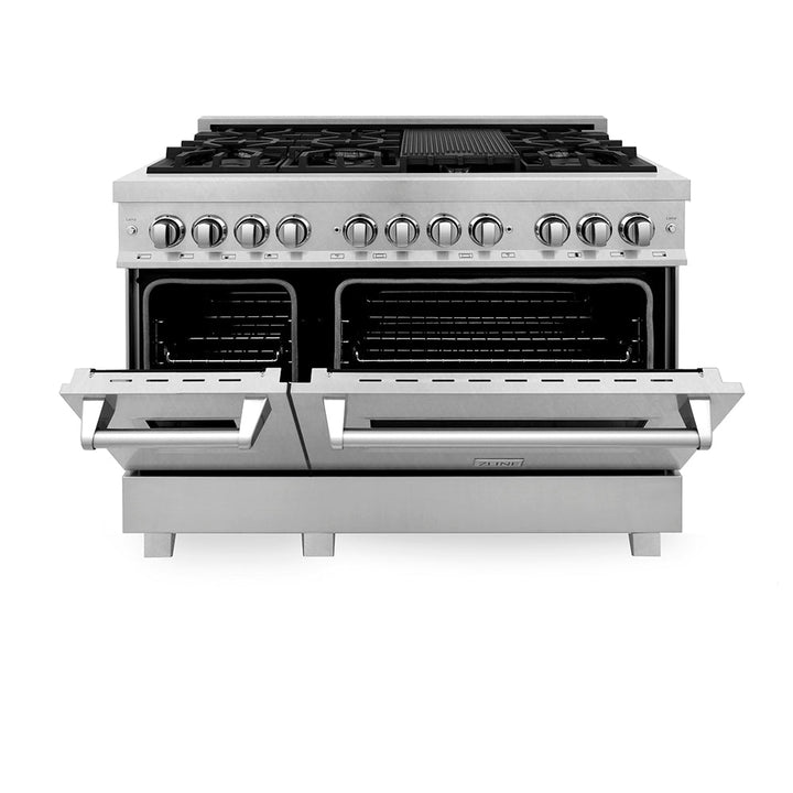 ZLINE 48 in. 6.0 cu. ft. Legacy Dual Fuel Range with 7 Burner Gas Cooktop and 2 Electric Ovens in Satin Stainless Steel, Open Box-Excellent Condition