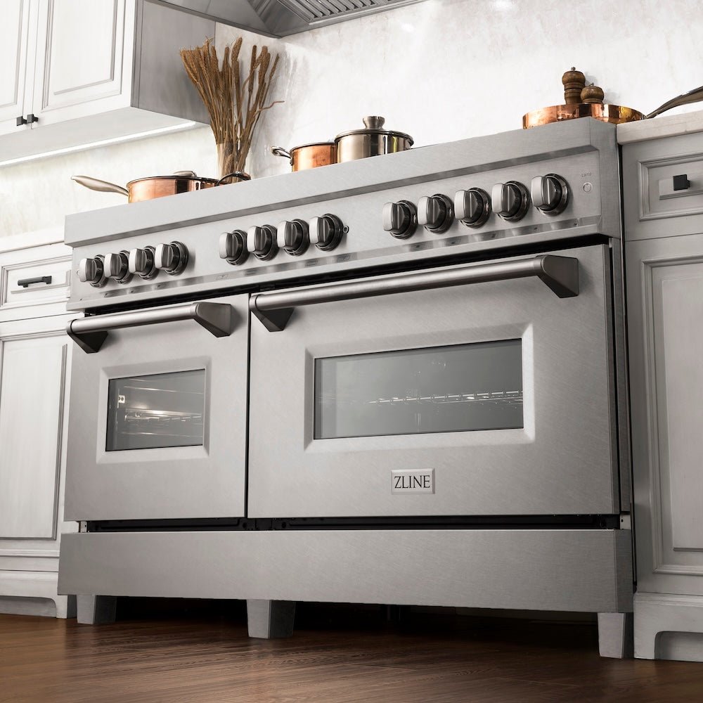 ZLINE 60 in. 7.4 cu. ft. Legacy Dual Fuel Range with 9 Burner Gas Cooktop and 2 Electric Convection Ovens in Satin Stainless Steel, Open Box-Excellent Condition