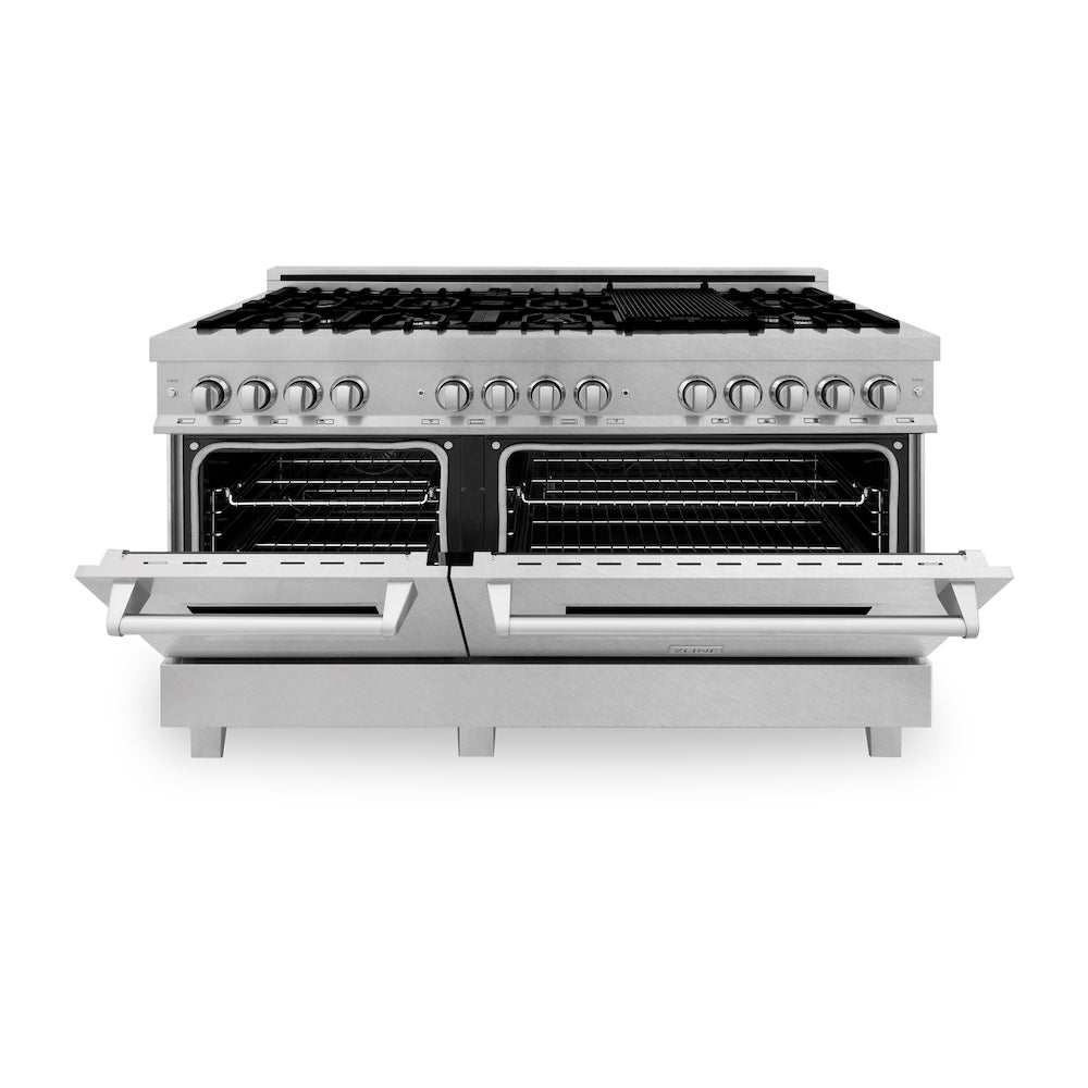 ZLINE 60 in. 7.4 cu. ft. Legacy Dual Fuel Range with 9 Burner Gas Cooktop and 2 Electric Convection Ovens in Satin Stainless Steel, Open Box-Excellent Condition
