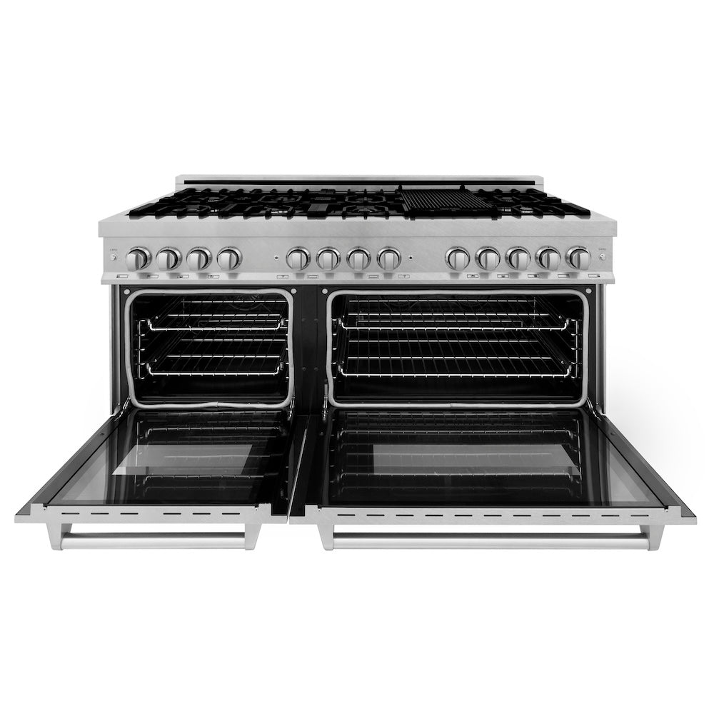 ZLINE 60 in. 7.4 cu. ft. Legacy Dual Fuel Range with 9 Burner Gas Cooktop and 2 Electric Convection Ovens in Satin Stainless Steel, Open Box-Excellent Condition
