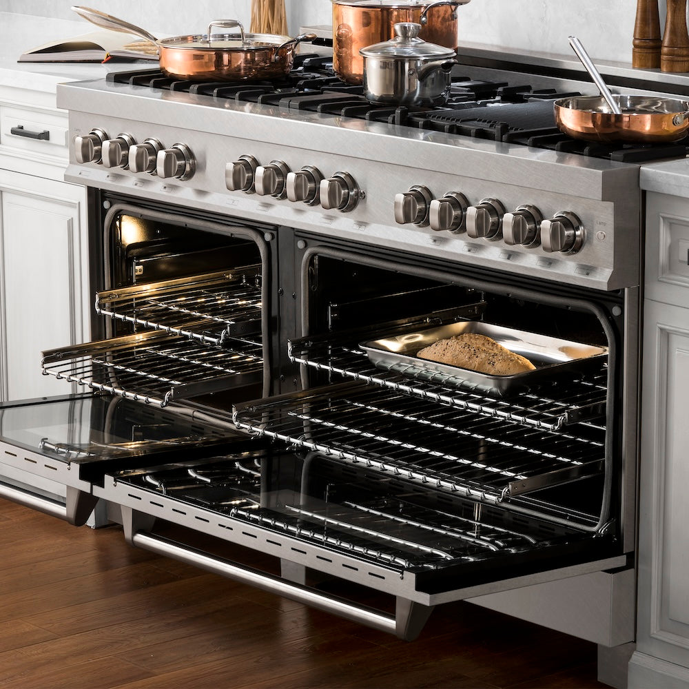 ZLINE 60 in. 7.4 cu. ft. Legacy Dual Fuel Range with 9 Burner Gas Cooktop and 2 Electric Convection Ovens in Satin Stainless Steel (RAS-SN-60)