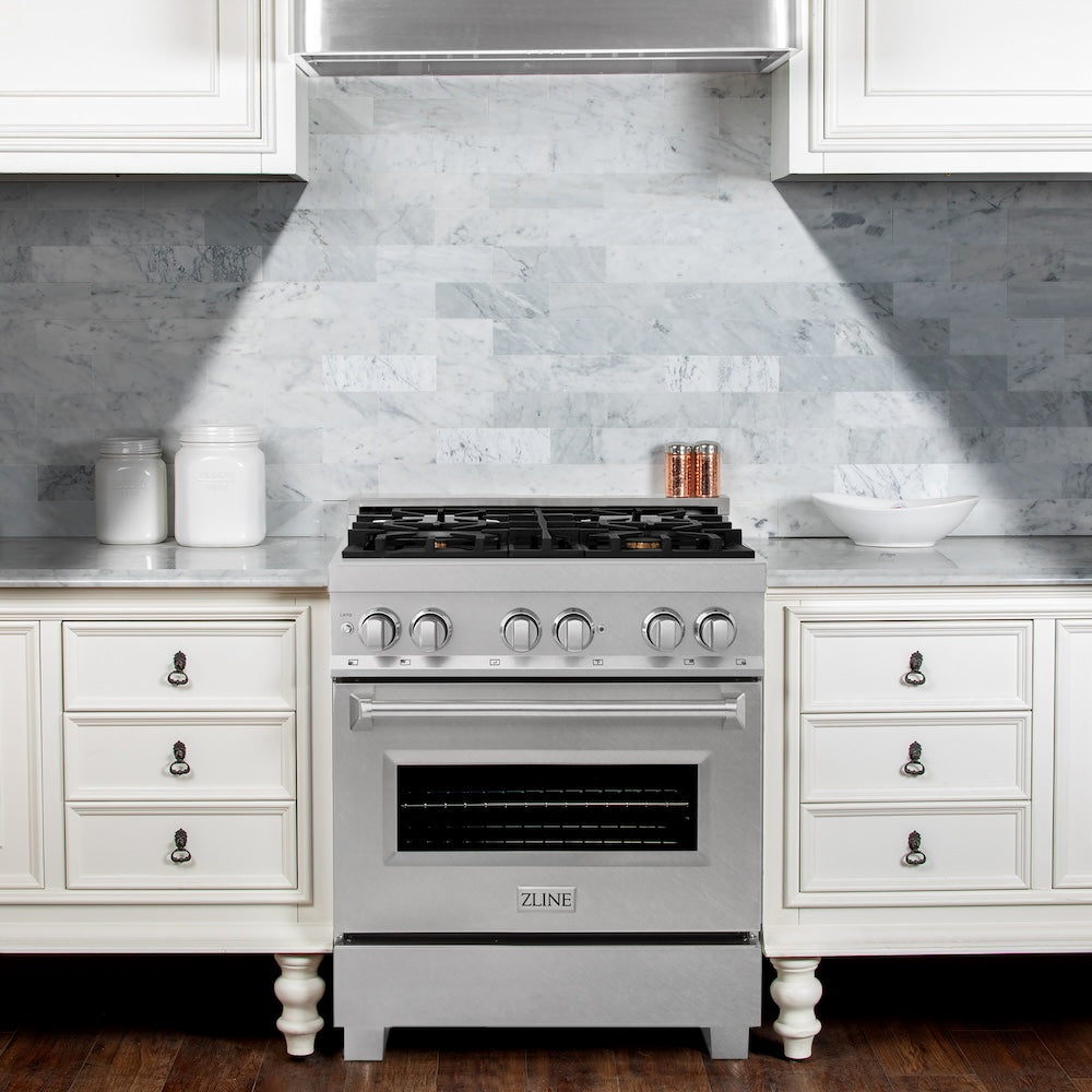 ZLINE 30 in. 4.0 cu. ft. Legacy Dual Fuel Range with Gas Cooktop and Electric Convection Oven in Satin Stainless Steel with 4 Brass Burners (RAS-SN-BR-30)