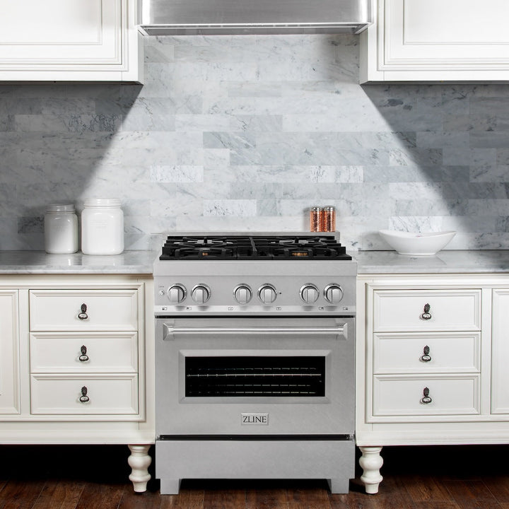 ZLINE 30 in. 4.0 cu. ft. Legacy Dual Fuel Range with Gas Cooktop and Electric Convection Oven in Satin Stainless Steel with 4 Brass Burners (RAS-SN-BR-30)