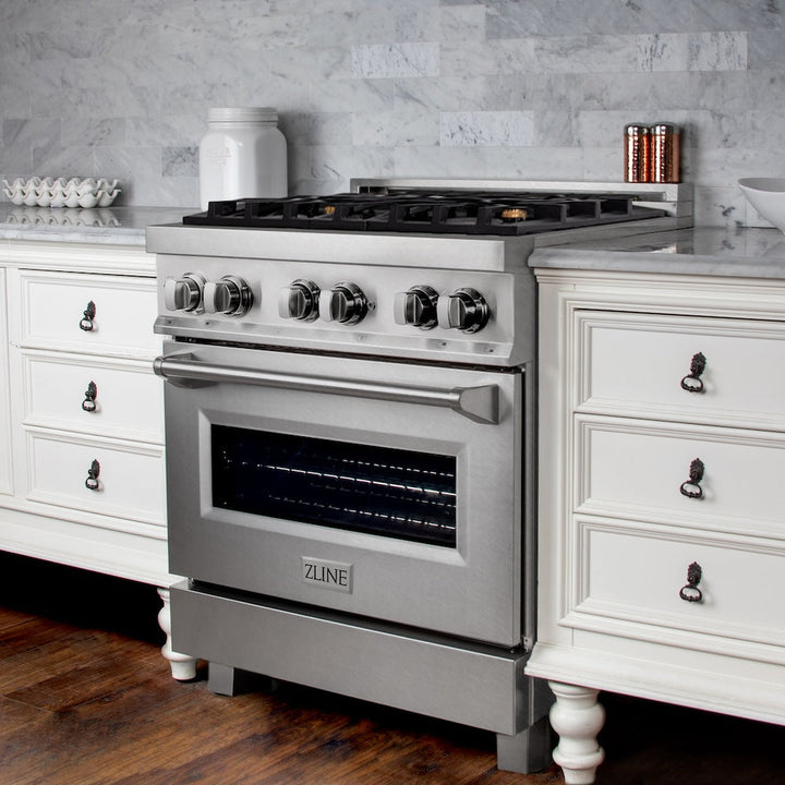 ZLINE 30 in. 4.0 cu. ft. Legacy Dual Fuel Range with Gas Cooktop and Electric Convection Oven in Satin Stainless Steel with 4 Brass Burners (RAS-SN-BR-30)