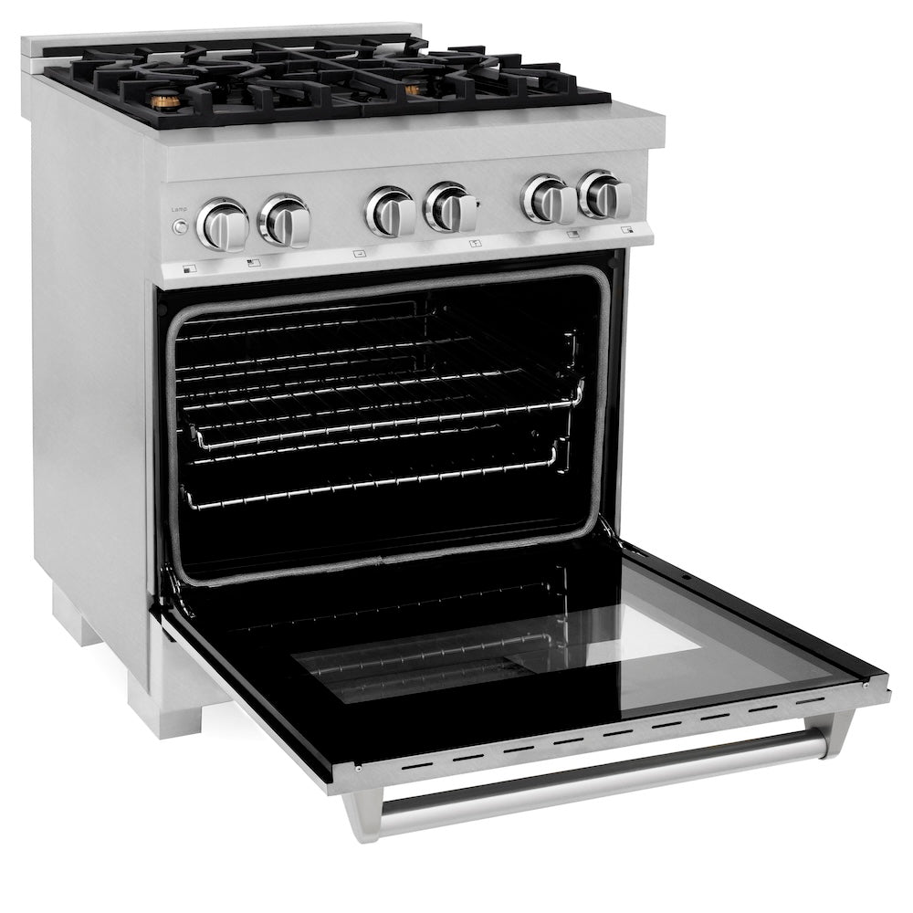 ZLINE 30 in. 4.0 cu. ft. Legacy Dual Fuel Range with Gas Cooktop and Electric Convection Oven in Satin Stainless Steel with 4 Brass Burners (RAS-SN-BR-30)