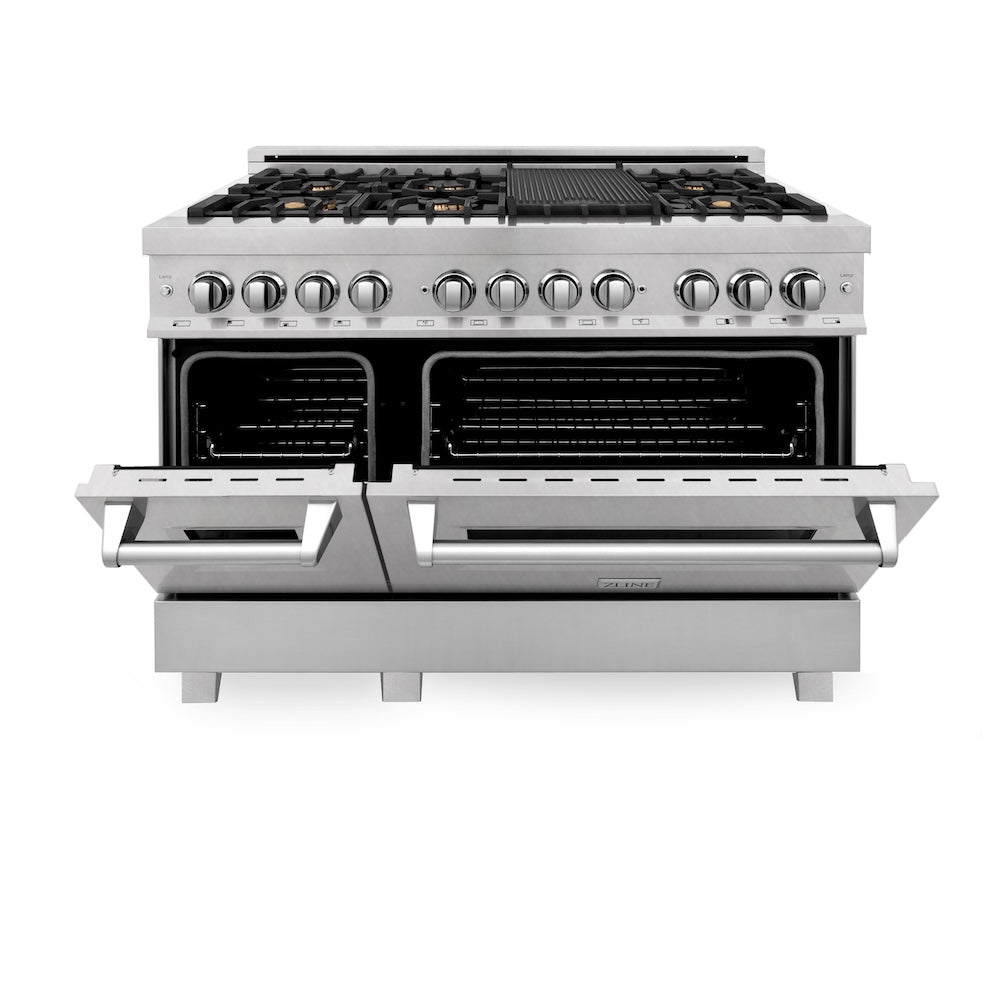 ZLINE 48 in. 6.0 cu. ft. Legacy Dual Fuel Range with Gas Cooktop and 2 Electric Ovens in Satin Stainless Steel with 6 Brass Burners (RAS-SN-BR-48)