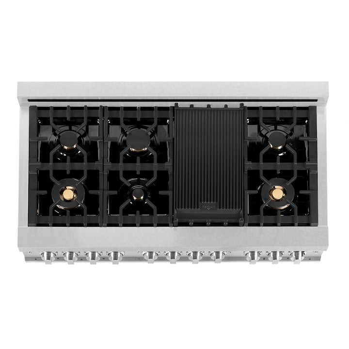 ZLINE 48 in. 6.0 cu. ft. Legacy Dual Fuel Range with Gas Cooktop and 2 Electric Ovens in Satin Stainless Steel with 6 Brass Burners (RAS-SN-BR-48)