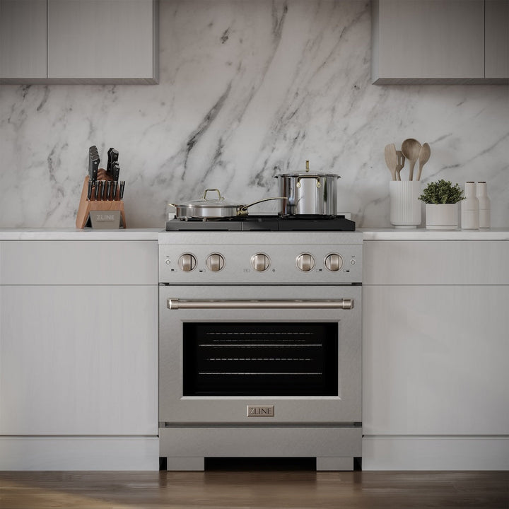 ZLINE 30 in. 4.2 cu. ft. Paramount Dual Fuel Range with 4 Burner Gas Cooktop and Electric Convection Oven in Satin Stainless Steel (SDRS-30)