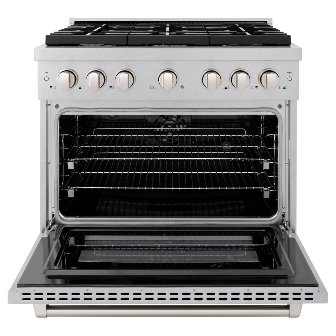ZLINE 36 in. 5.2 cu. ft. Paramount Dual Fuel Range with 6 Burner Gas Cooktop and Electric Convection Oven in Satin Stainless Steel, Open Box-Excellent Condition