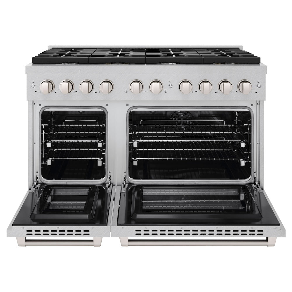 ZLINE 48 in. 6.7 cu. ft. Paramount Double Oven Dual Fuel Range with 8 Burner Gas Cooktop in Satin Stainless Steel (SDRS-48)