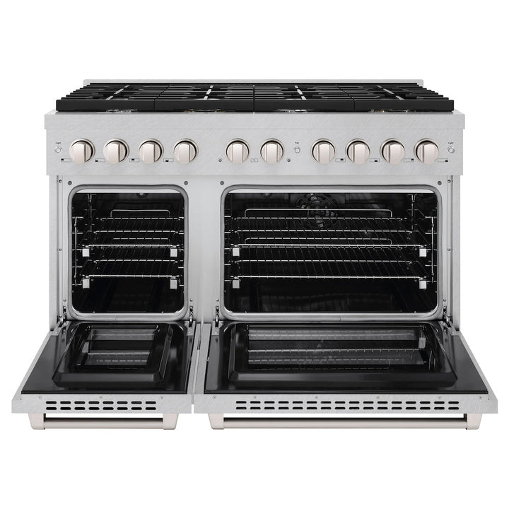 ZLINE 48 in. 6.7 cu. ft. Paramount Double Oven Dual Fuel Range with 8 Burner Gas Cooktop in Satin Stainless Steel (SDRS-48)