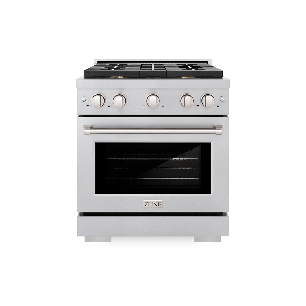 ZLINE 30 in. 4.2 cu. ft. Paramount Dual Fuel Range with Gas Cooktop and Electric Convection Oven in Satin Stainless Steel with 4 Brass Burners (SDRS-BR-30)