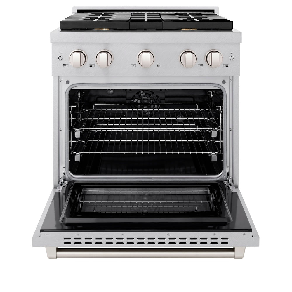 ZLINE 30 in. 4.2 cu. ft. Paramount Dual Fuel Range with Gas Cooktop and Electric Convection Oven in Satin Stainless Steel with 4 Brass Burners (SDRS-BR-30)