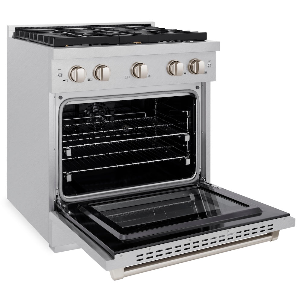 ZLINE 30 in. 4.2 cu. ft. Paramount Dual Fuel Range with Gas Cooktop and Electric Convection Oven in Satin Stainless Steel with 4 Brass Burners (SDRS-BR-30)
