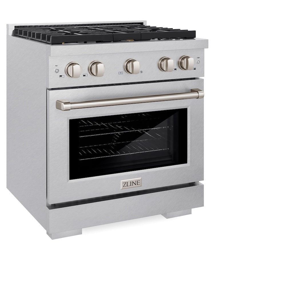 ZLINE 30 in. 4.2 cu. ft. Paramount Dual Fuel Range with Gas Cooktop and Electric Convection Oven in Satin Stainless Steel with 4 Brass Burners (SDRS-BR-30)