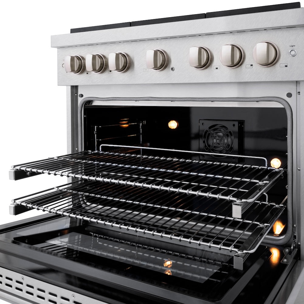 ZLINE 36 in. 5.2 cu. ft. Paramount Dual Fuel Range with Gas Cooktop and Electric Convection Oven in Satin Stainless Steel with 6 Brass Burners (SDRS-BR-36)