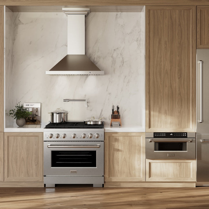 ZLINE 36 in. 5.2 cu. ft. Paramount Dual Fuel Range with Gas Cooktop and Electric Convection Oven in Satin Stainless Steel with 6 Brass Burners (SDRS-BR-36)