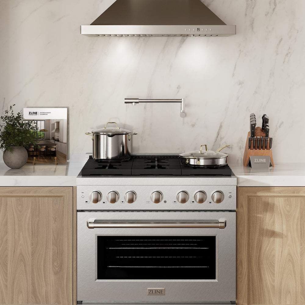 ZLINE 36 in. 5.2 cu. ft. Paramount Dual Fuel Range with Gas Cooktop and Electric Convection Oven in Satin Stainless Steel with 6 Brass Burners (SDRS-BR-36)