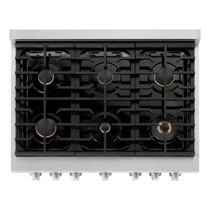 ZLINE 36 in. 5.2 cu. ft. Paramount Dual Fuel Range with Gas Cooktop and Electric Convection Oven in Satin Stainless Steel with 6 Brass Burners (SDRS-BR-36)