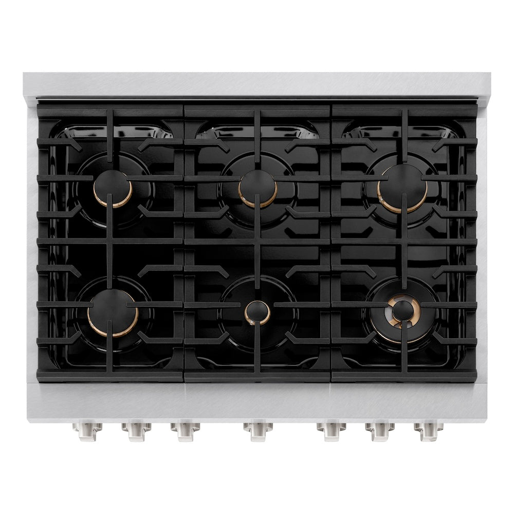 ZLINE 36 in. 5.2 cu. ft. Paramount Dual Fuel Range with Gas Cooktop and Electric Convection Oven in Satin Stainless Steel with 6 Brass Burners (SDRS-BR-36)
