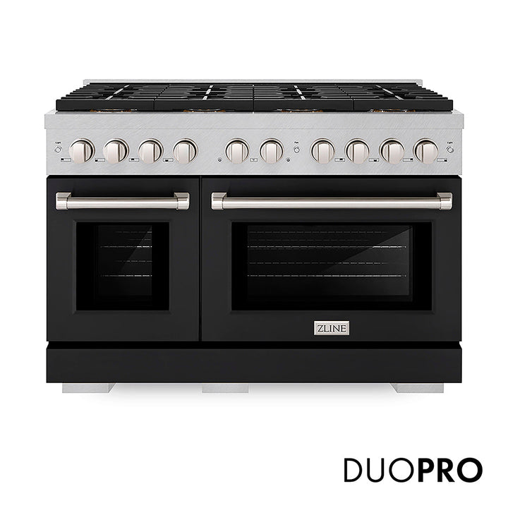 ZLINE 48 in. 6.7 cu. ft. Paramount Dual Fuel Range with 8 Burner DuoPro™ Cooktop and Dual Ovens in Satin Stainless Steel with Black Matte Doors (PSDRS-BLM-48)