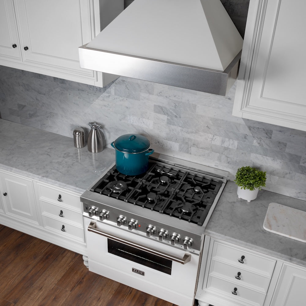 ZLINE 30 in. 4.0 cu. ft. Legacy Dual Fuel Range with 4 Burner Gas Cooktop and Electric Convection Oven in Satin Stainless Steel and White Matte Door (RAS-WM-30)