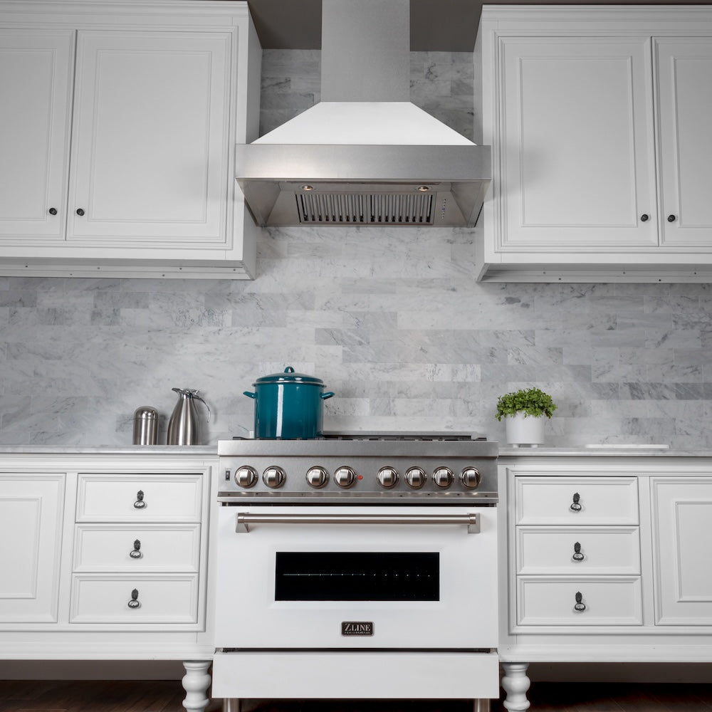 ZLINE 30 in. 4.0 cu. ft. Legacy Dual Fuel Range with 4 Burner Gas Cooktop and Electric Convection Oven in Satin Stainless Steel and White Matte Door (RAS-WM-30)