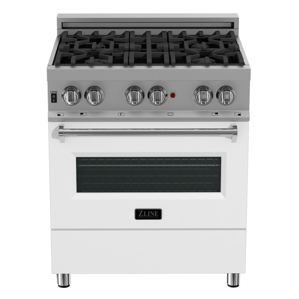 ZLINE 30 in. 4.0 cu. ft. Legacy Dual Fuel Range with 4 Burner Gas Cooktop and Electric Convection Oven in Satin Stainless Steel and White Matte Door (RAS-WM-30)