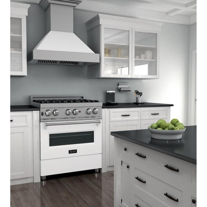 ZLINE 30 in. 4.0 cu. ft. Legacy Dual Fuel Range with 4 Burner Gas Cooktop and Electric Convection Oven in Satin Stainless Steel and White Matte Door (RAS-WM-30)