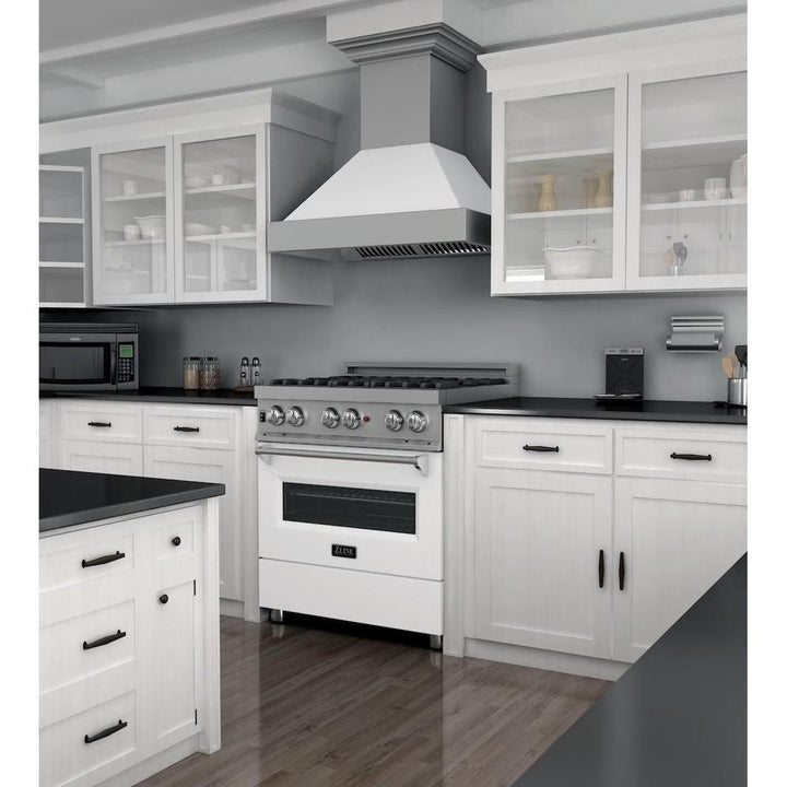 ZLINE 30 in. 4.0 cu. ft. Legacy Dual Fuel Range with 4 Burner Gas Cooktop and Electric Convection Oven in Satin Stainless Steel and White Matte Door (RAS-WM-30)