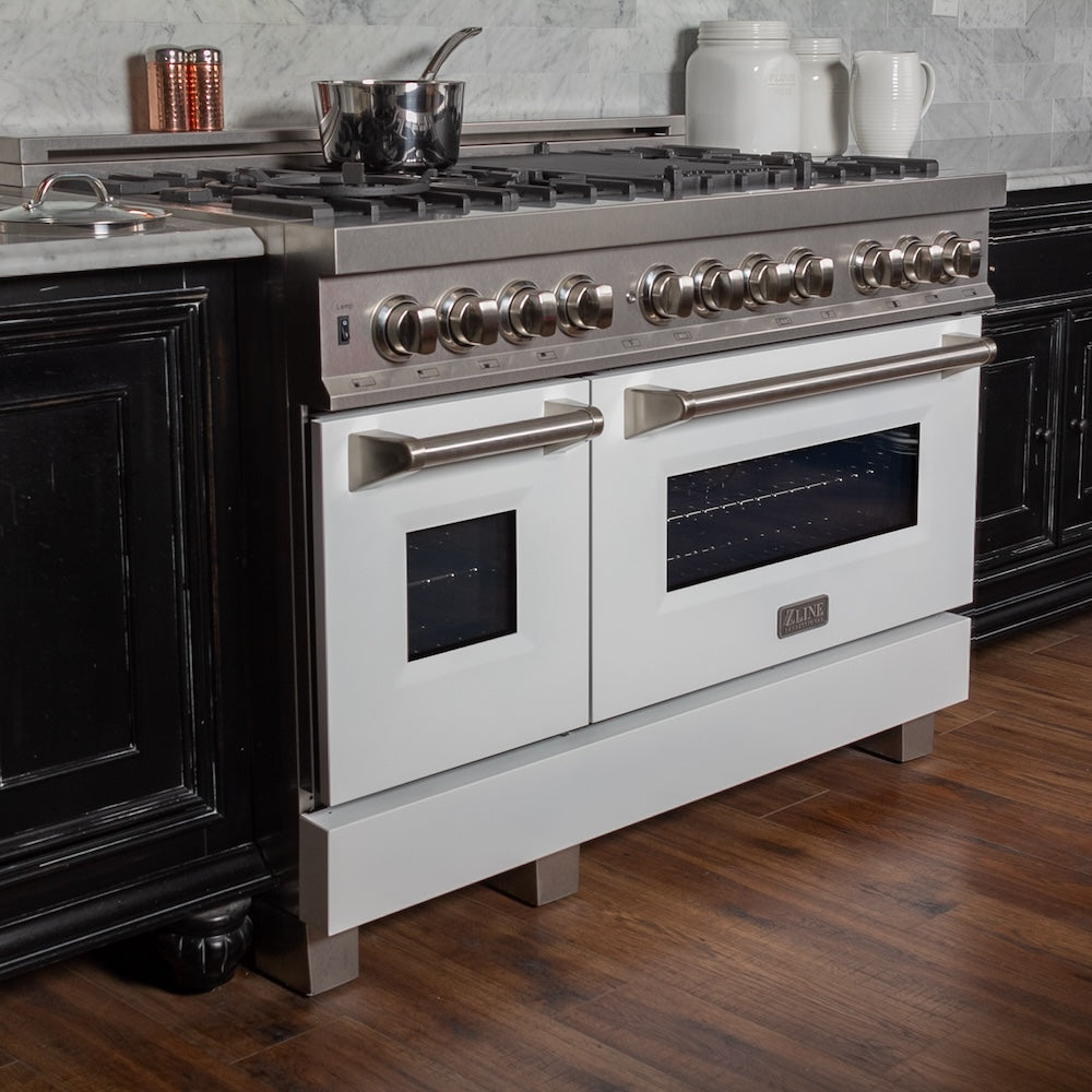 ZLINE 48 in. 6.0 cu. ft. Legacy Dual Fuel Range with 7 Burner Gas Cooktop and 2 Electric Ovens in Satin Stainless Steel and White Matte Doors (RAS-WM-48)