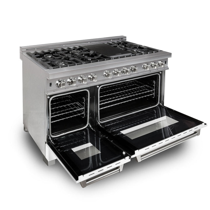 ZLINE 48 in. 6.0 cu. ft. Legacy Dual Fuel Range with 7 Burner Gas Cooktop and 2 Electric Ovens in Satin Stainless Steel and White Matte Doors (RAS-WM-48)