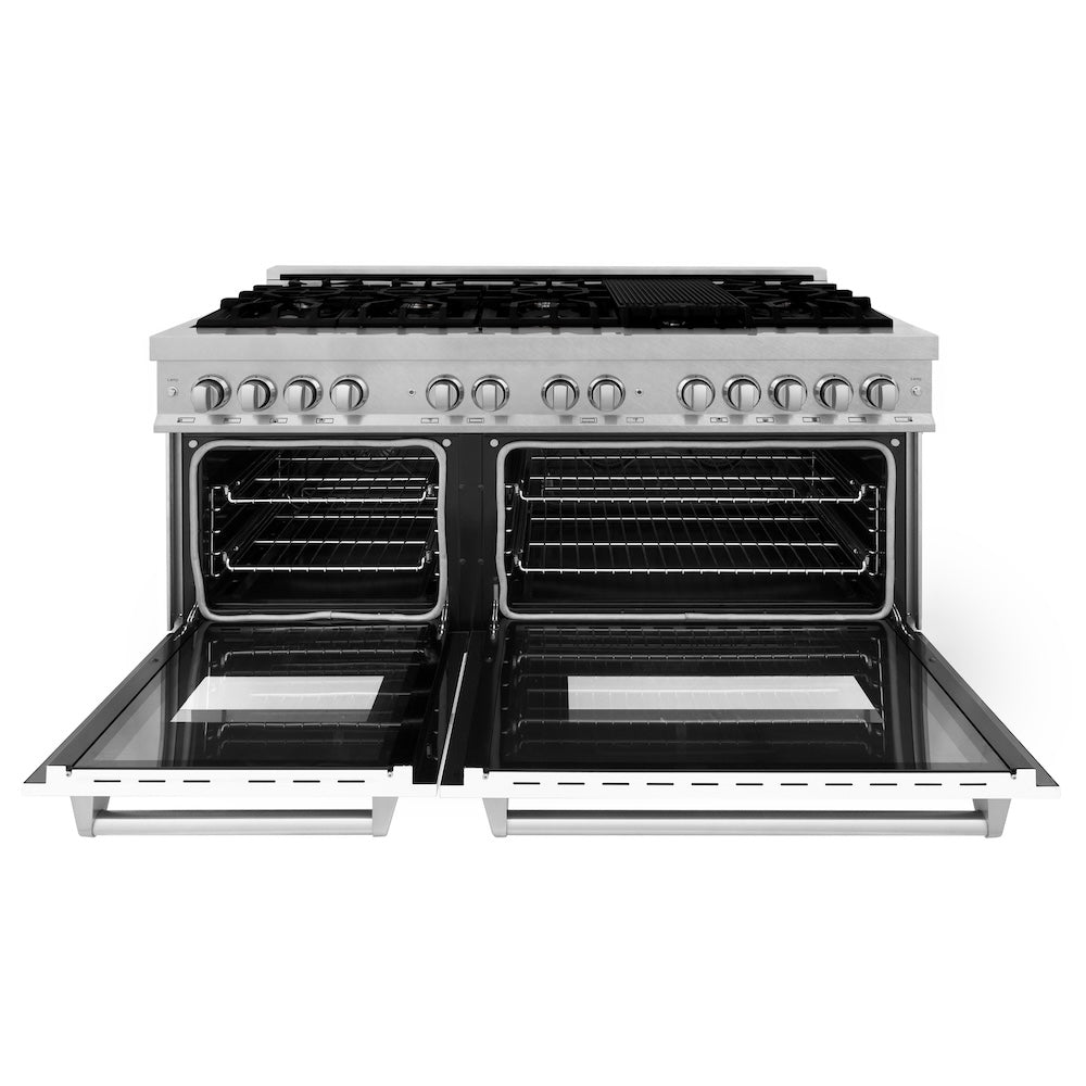 ZLINE 60 in. 7.4 cu. ft. Legacy Dual Fuel Range with 9 Burner Gas Cooktop and 2 Electric Convection Ovens in Satin Stainless Steel and White Matte Doors (RAS-WM-60)