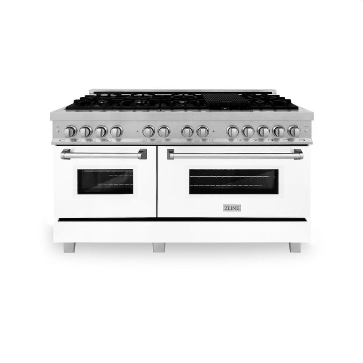 ZLINE 60 in. 7.4 cu. ft. Legacy Dual Fuel Range with 9 Burner Gas Cooktop and 2 Electric Convection Ovens in Satin Stainless Steel and White Matte Doors (RAS-WM-60)