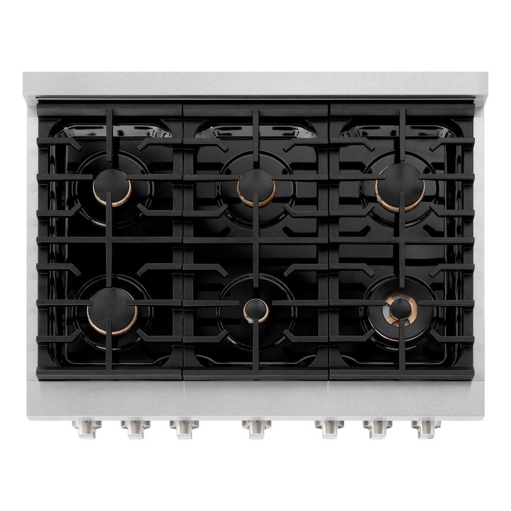 ZLINE 36 in. 5.2 cu. ft. Paramount Gas Range with Convection Gas Oven in Satin Stainless Steel with 6 Brass Burners (SGRS-BR-36)
