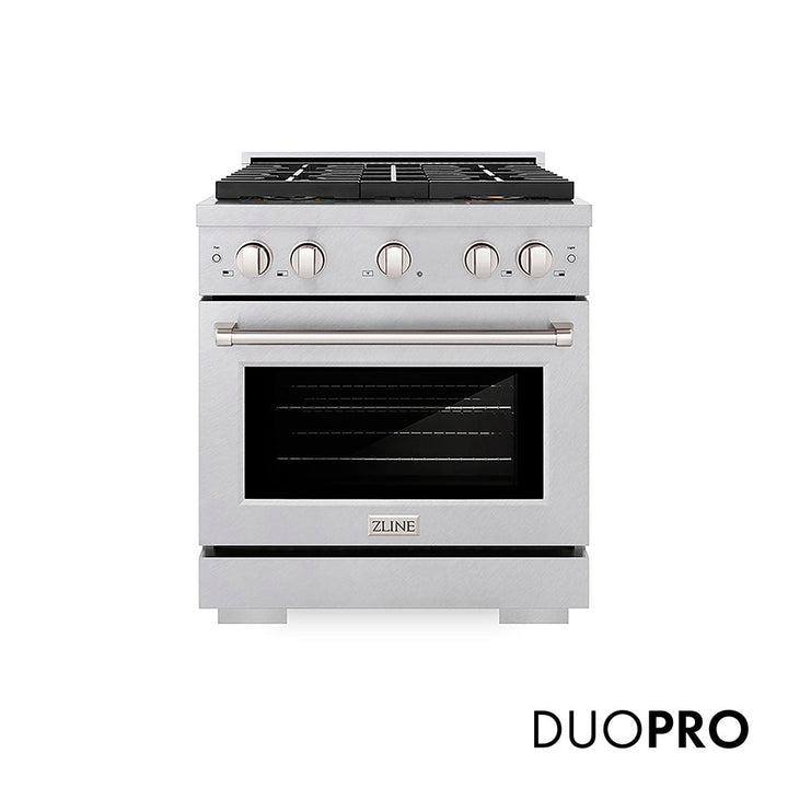 ZLINE 30 in. 4.2 cu. ft. Paramount Gas Range with 4 Burner DuoPro™ Cooktop and Convection Gas Oven in Satin Stainless Steel, Open Box-Excellent Condition
